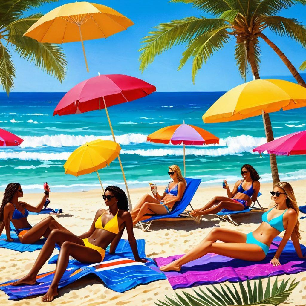 A vibrant beach scene showcasing a diverse group of stylish individuals in trendy swimwear, lounging under colorful umbrellas and playing beach volleyball. The sun is shining brightly, and the ocean waves gently lap at the shore, while palm trees sway in the background. Include elements like beach towels, sunscreen, and fashionable accessories to enhance the vacation vibe. super-realistic. vibrant colors. warm tones.
